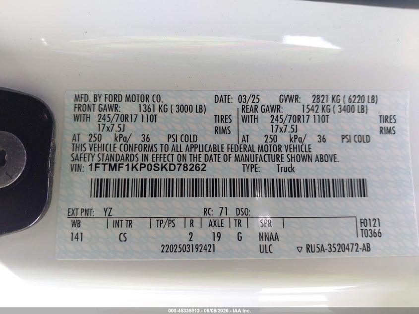 2025 FORD F-150 2.7L V-6 DI, DOHC, V(VIN: 1FTMF1KP0SKD78262