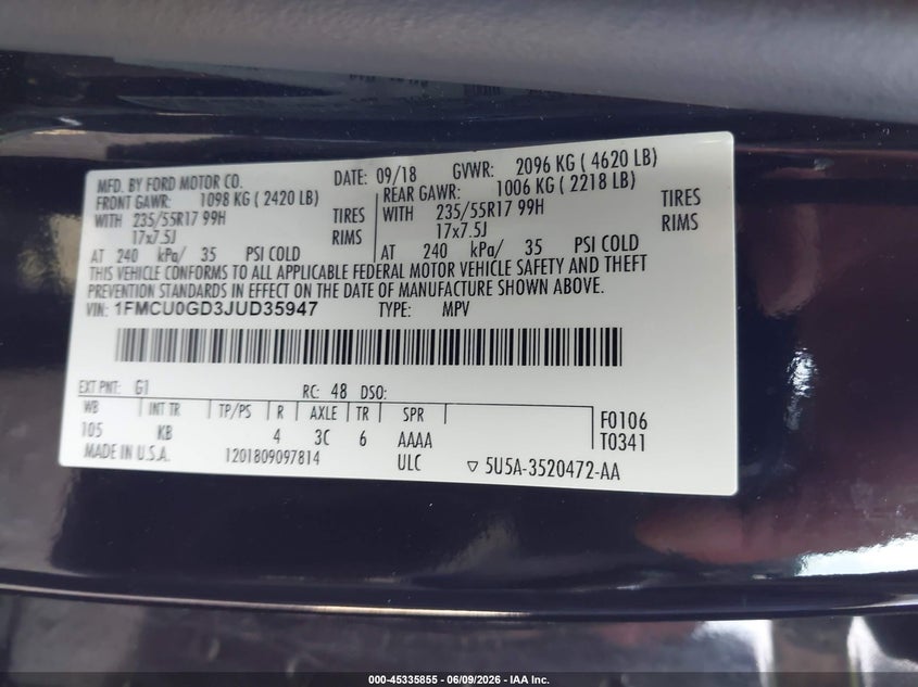 VIN 1FMCU0GD3JUD35947 2018 FORD ESCAPE SE