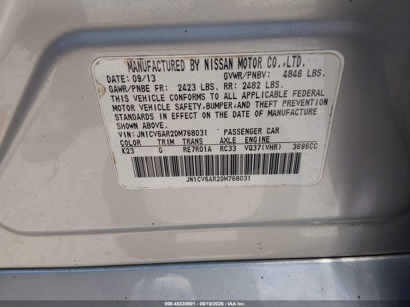 INFINITI G37X 2013 VIN JN1CV6AR2DM768031
