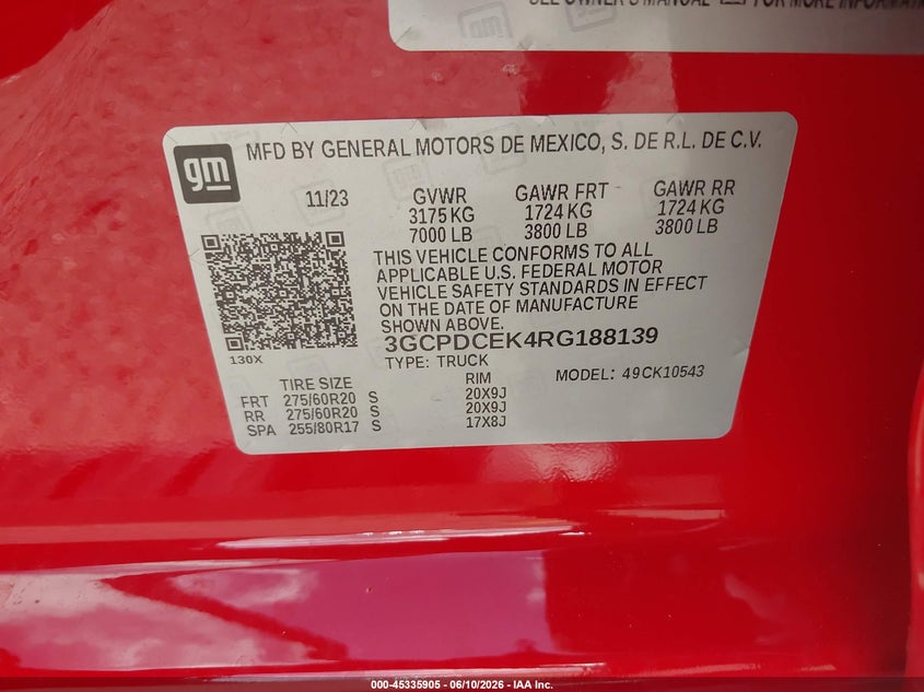 2024 CHEVROLET SILVERADO 1500 2.7L I-4 DI, DOHC, V(VIN: 3GCPDCEK4RG188139