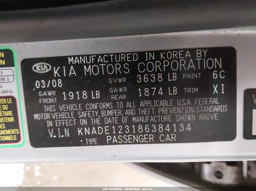 KIA RIO 2008 VIN KNADE123186384134