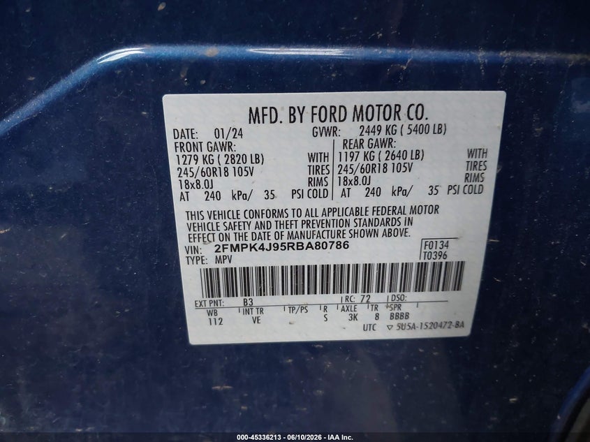 2024 FORD EDGE 2.0L I-4 DI, DOHC, V(VIN: 2FMPK4J95RBA80786