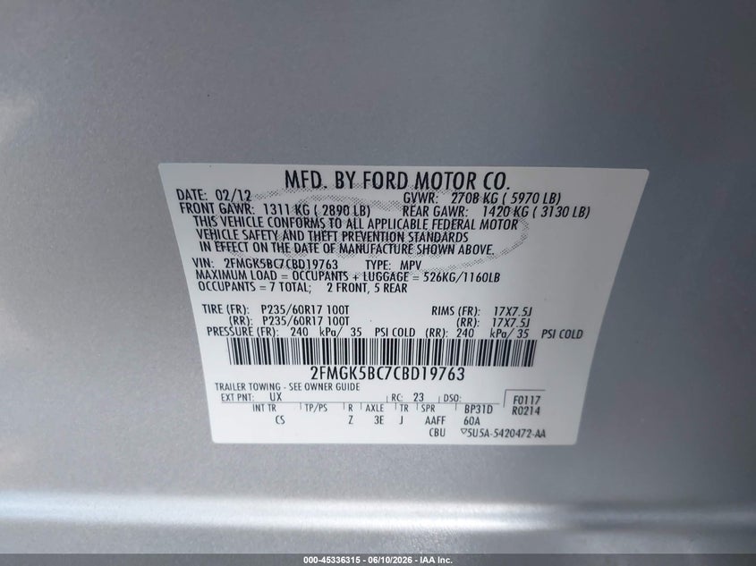 2012 Ford Flex Se VIN: 2FMGK5BC7CBD19763 Lot: 45336315