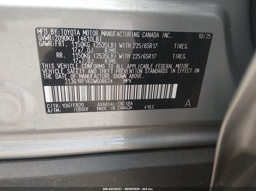 2025 TOYOTA RAV4 2.5L I-4 DI, DOHC, V(VIN: 2T3G1RFV6SW608624