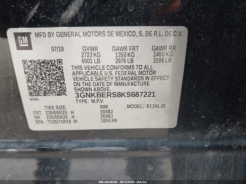2019 Chevrolet Blazer Rs VIN: 3GNKBERS8KS687221 Lot: 45336346