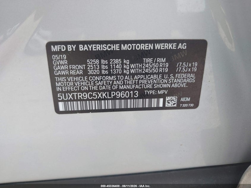 2019 BMW X3 xDrive30I VIN: 5UXTR9C5XKLP96013 Lot: 45336408