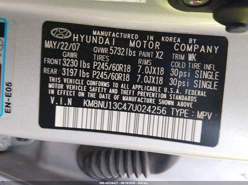 2007 Hyundai Veracruz Gls/Limited/Se VIN: KM8NU13C47U024256 Lot: 45336427