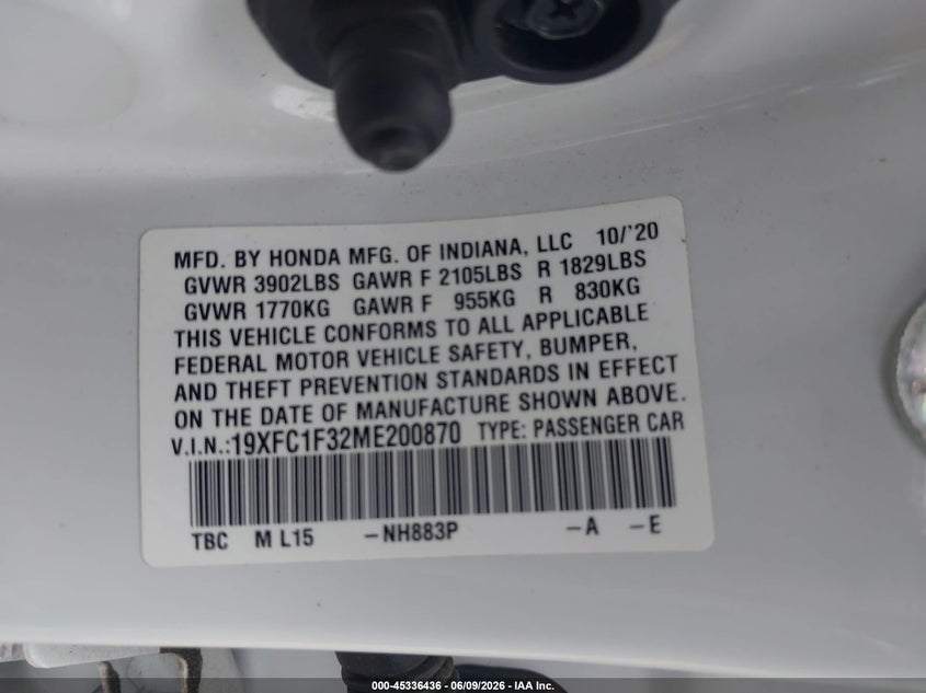 VIN 19XFC1F32ME200870 2021 HONDA CIVIC EX