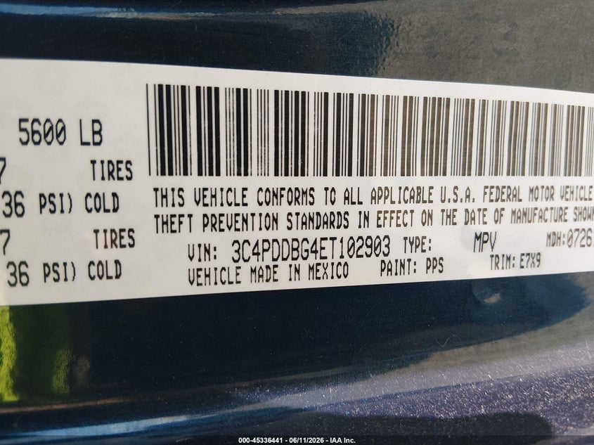 2014 Dodge Journey Sxt VIN: 3C4PDDBG4ET102903 Lot: 45336441