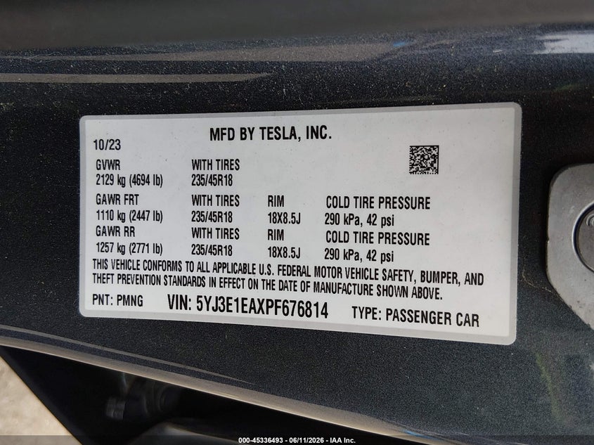 2023 Tesla Model 3 Rear-Wheel Drive VIN: 5YJ3E1EAXPF676814 Lot: 45336493