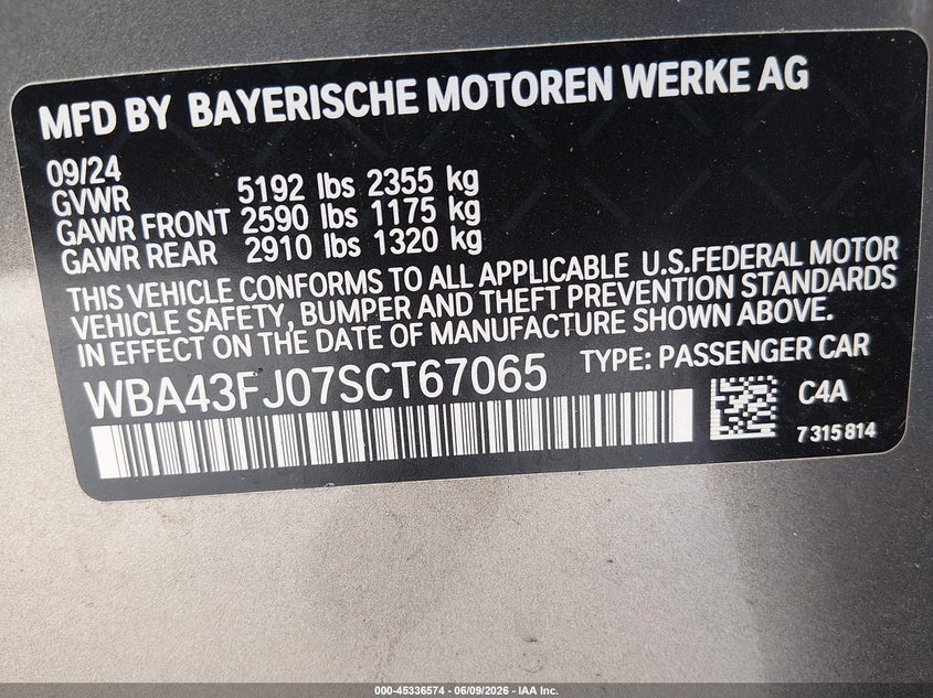 2025 BMW 530I 2.0L I-4 DI, DOHC, V(VIN: WBA43FJ07SCT67065