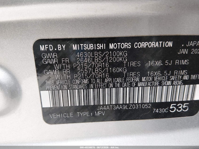 2020 Mitsubishi Eclipse Cross Es 1.5T Awc VIN: JA4AT3AA9LZ031052 Lot: 45336576