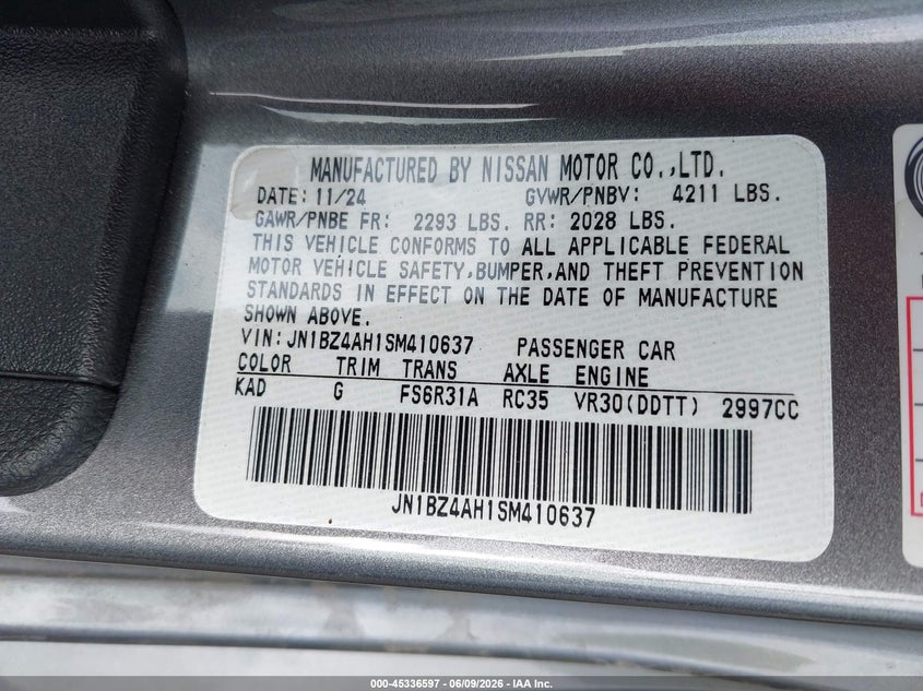 2025 Nissan Z Sport Manual Transmission VIN: JN1BZ4AH1SM410637 Lot: 45336597