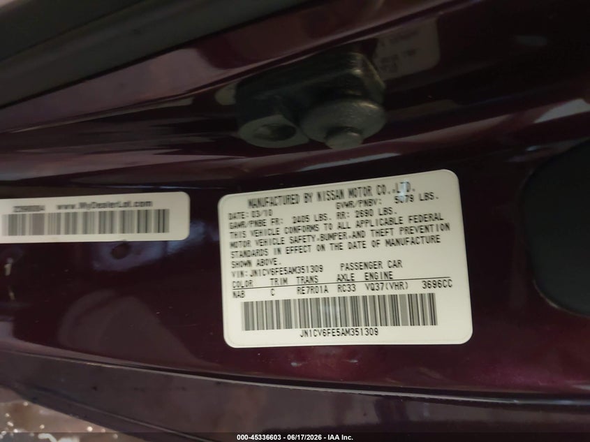 2010 Infiniti G37 VIN: JN1CV6FE5AM351309 Lot: 45336603
