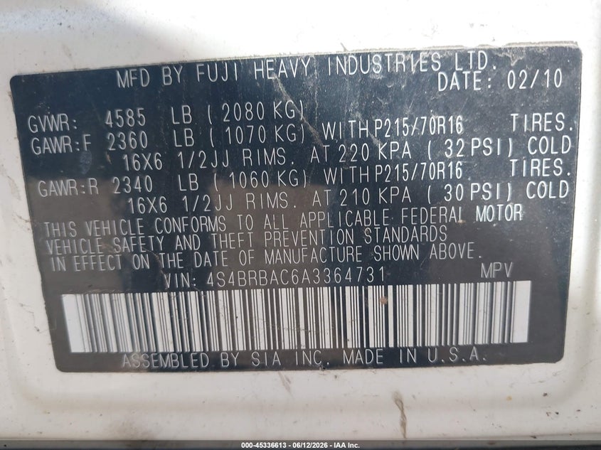 2010 Subaru Outback 2.5I VIN: 4S4BRBAC6A3364731 Lot: 45336613