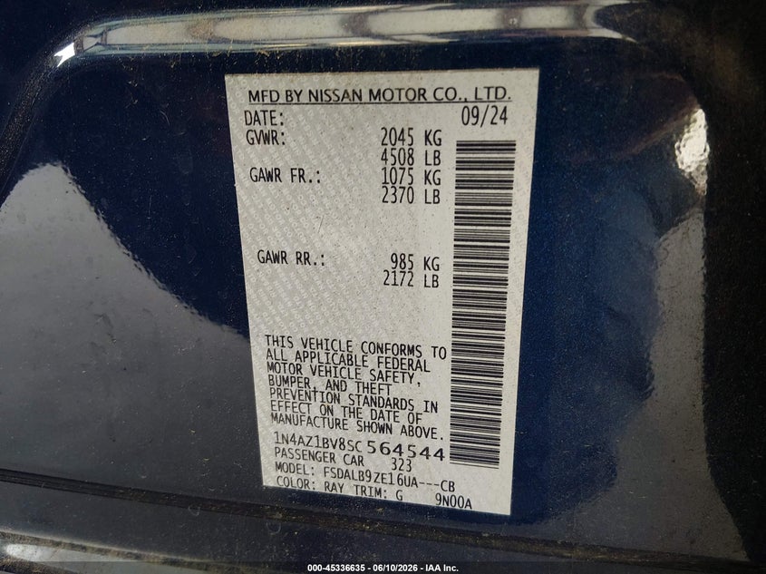 2025 Nissan Leaf S VIN: 1N4AZ1BV8SC564544 Lot: 45336635