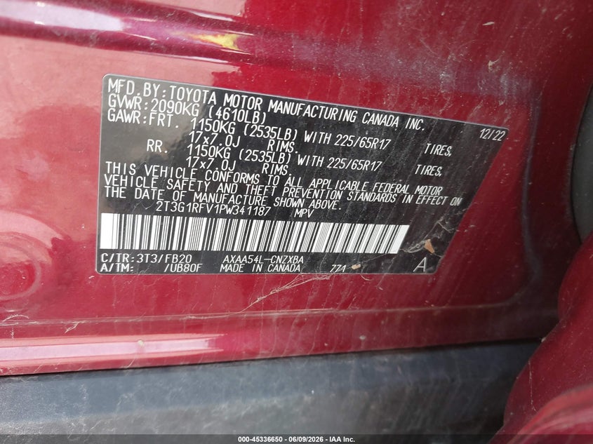 2023 TOYOTA RAV4 2.5L I-4 DI, DOHC, V(VIN: 2T3G1RFV1PW341187