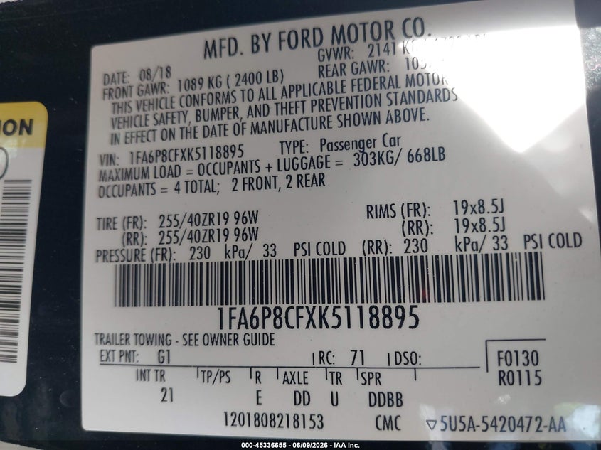VIN 1FA6P8CFXK5118895 2019 FORD MUSTANG GT