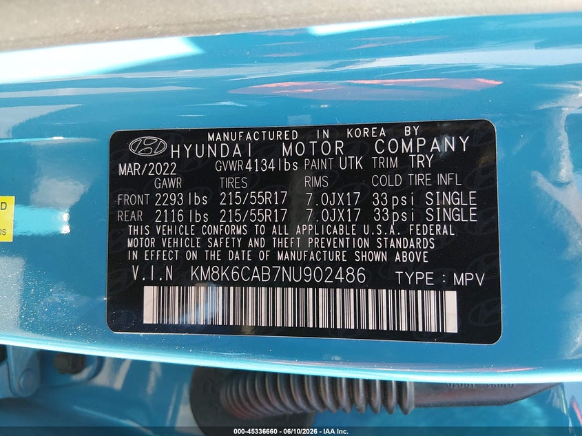 2022 Hyundai Kona Sel VIN: KM8K6CAB7NU902486 Lot: 45336660