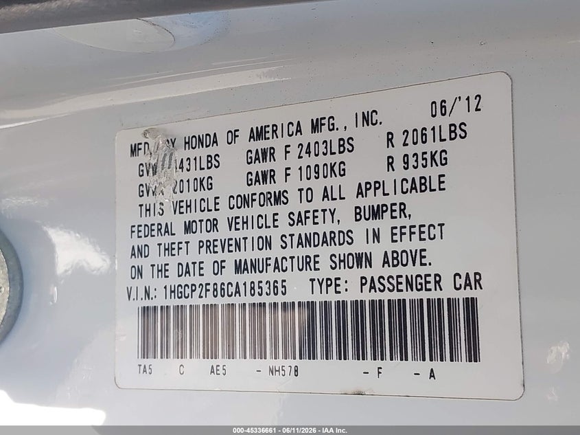 2012 HONDA ACCORD SEDAN 2.4L I-4 DOHC, VVT, 190HP