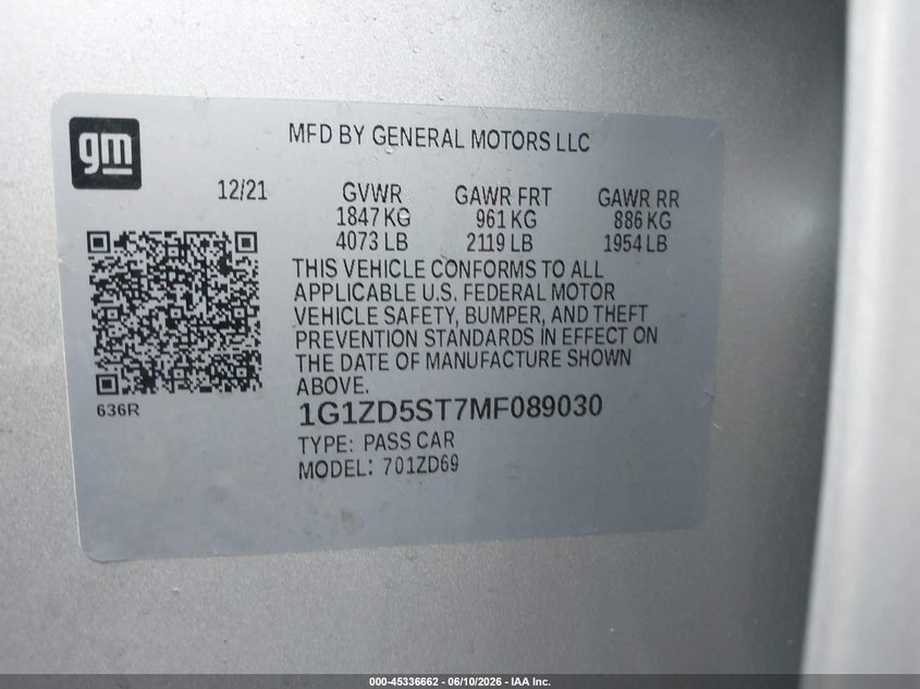 2021 CHEVROLET MALIBU 1.5L I-4 DI, DOHC, V(VIN: 1G1ZD5ST7MF089030