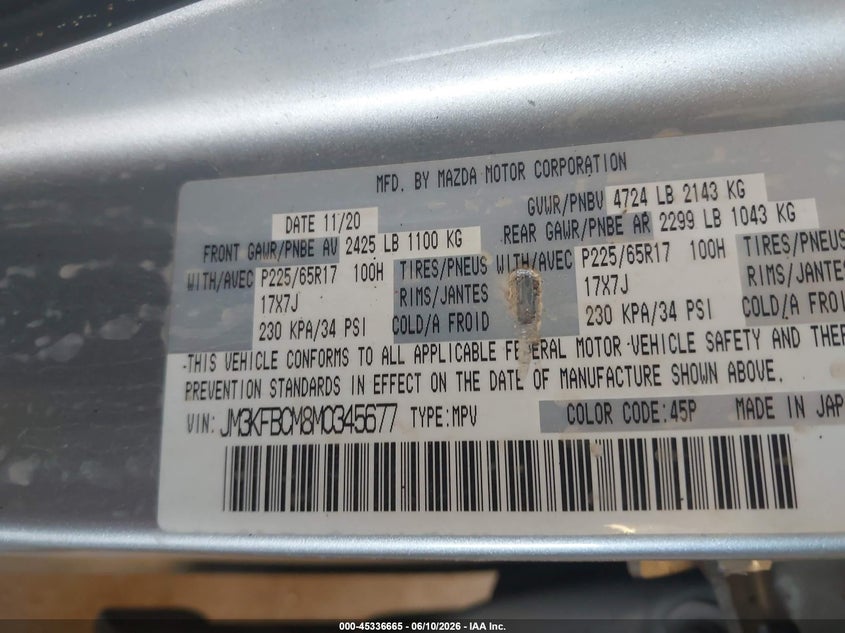 2021 MAZDA CX-5 2.5L I-4 DI, DOHC, V(VIN: JM3KFBCM8M0345677