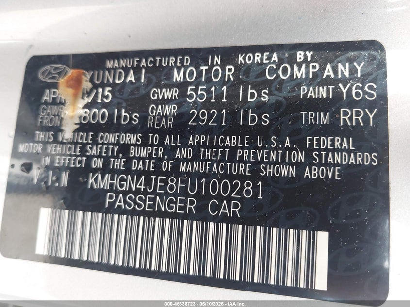 2015 Hyundai Genesis 3.8 VIN: KMHGN4JE8FU100281 Lot: 45336723