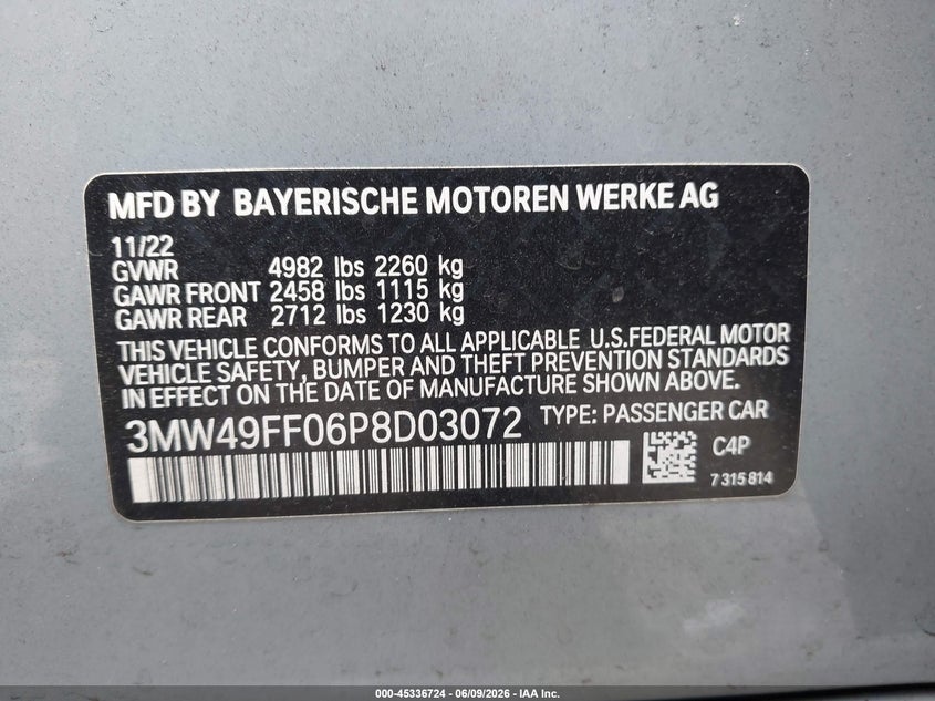 2023 BMW M340I 3.0L I-6 DI, DOHC, V(VIN: 3MW49FF06P8D03072