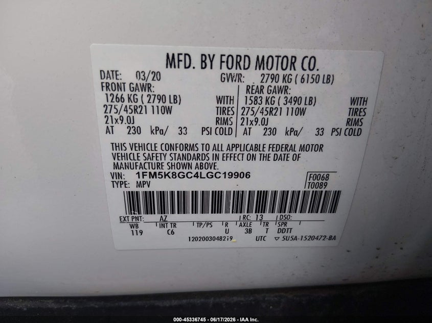 VIN 1FM5K8GC4LGC19906 2020 FORD EXPLORER ST