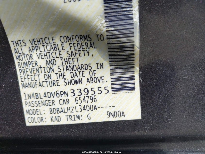 2023 Nissan Altima Sv Fwd VIN: 1N4BL4DV6PN339555 Lot: 45336785