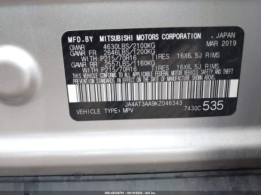 2019 Mitsubishi Eclipse Cross Es VIN: JA4AT3AA9KZ046343 Lot: 45336791