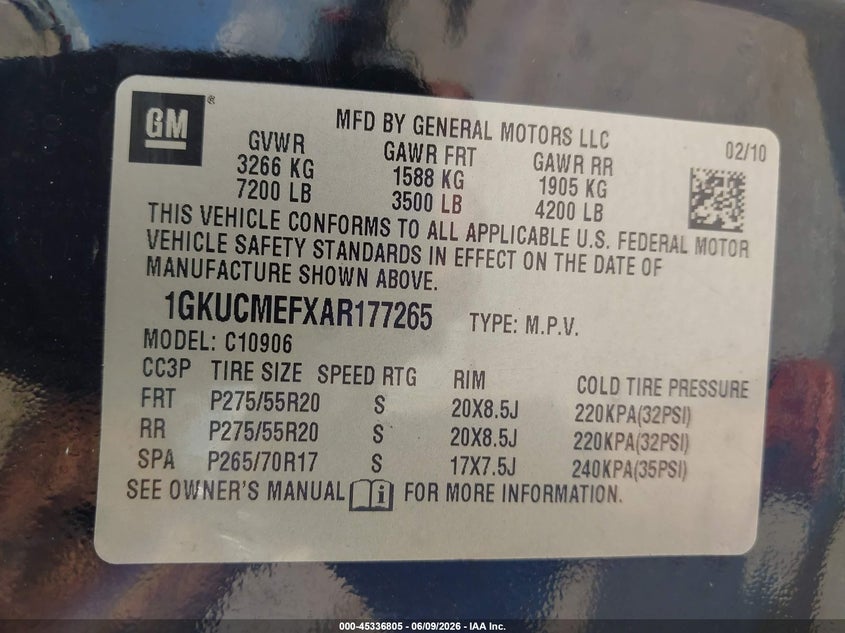 2010 GMC Yukon Xl 1500 Denali VIN: 1GKUCMEFXAR177265 Lot: 45336805