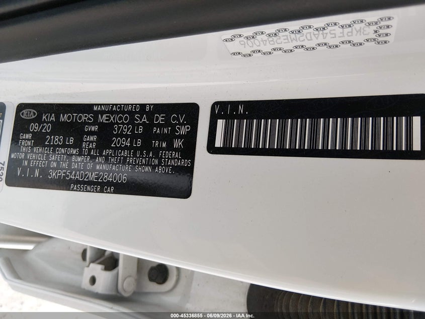 2021 KIA FORTE 2.0L I-4 DOHC, VVT, (VIN: 3KPF54AD2ME284006