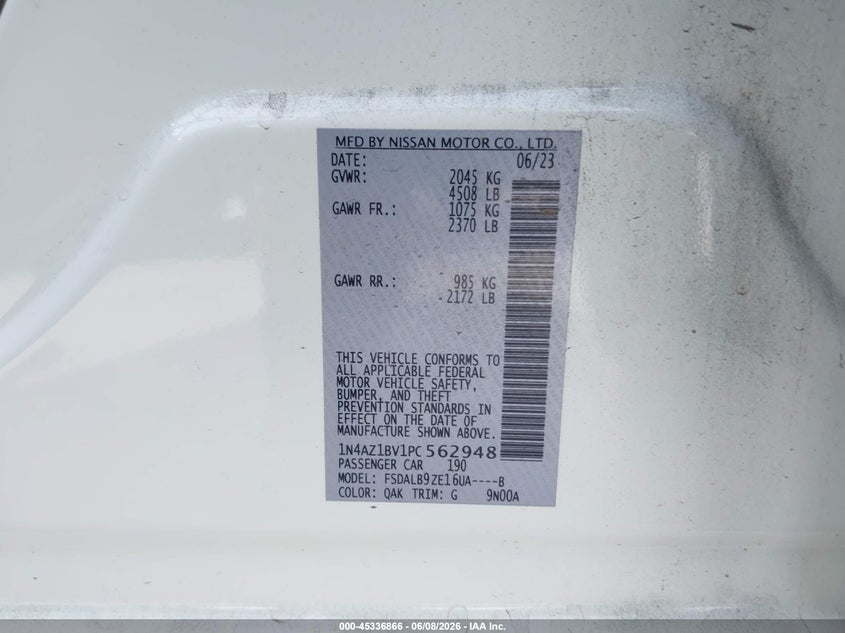 2023 Nissan Leaf S 40 Kwh VIN: 1N4AZ1BV1PC562948 Lot: 45336866
