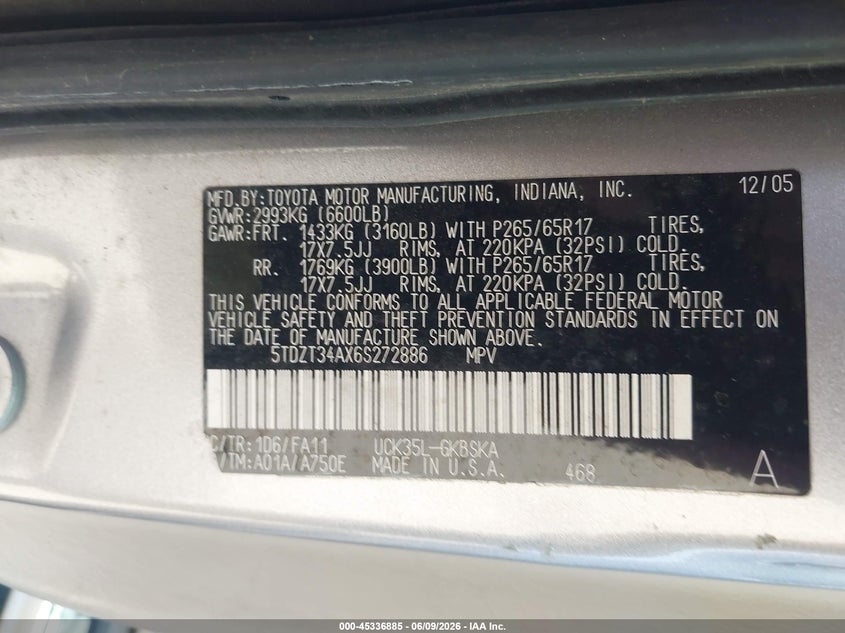 2006 Toyota Sequoia Sr5 V8 VIN: 5TDZT34AX6S272886 Lot: 45336885