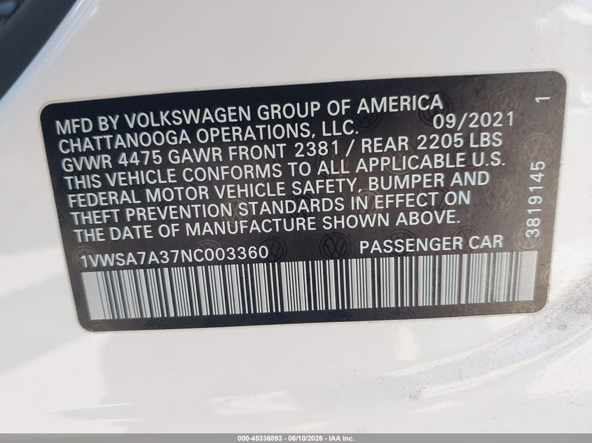 2022 Volkswagen Passat 2.0T Se VIN: 1VWSA7A37NC003360 Lot: 45336893