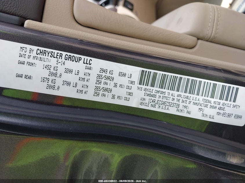 JEEP GRAND CHEROKEE 2014 VIN 1C4RJECG0EC523728