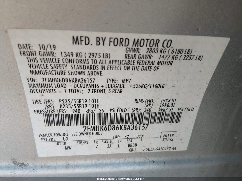 2019 Ford Flex Limited VIN: 2FMHK6D86KBA36157 Lot: 45336933