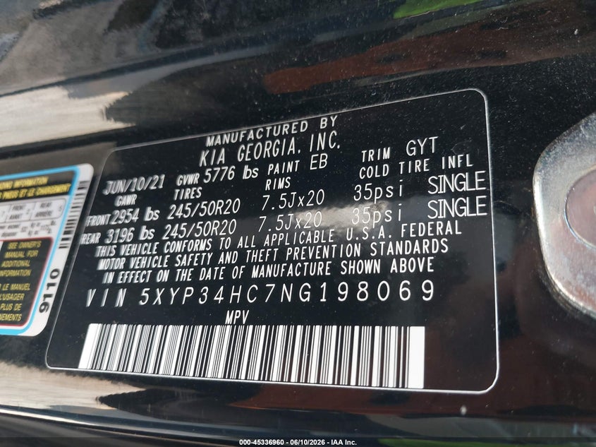 2022 Kia Telluride Ex VIN: 5XYP34HC7NG198069 Lot: 45336960