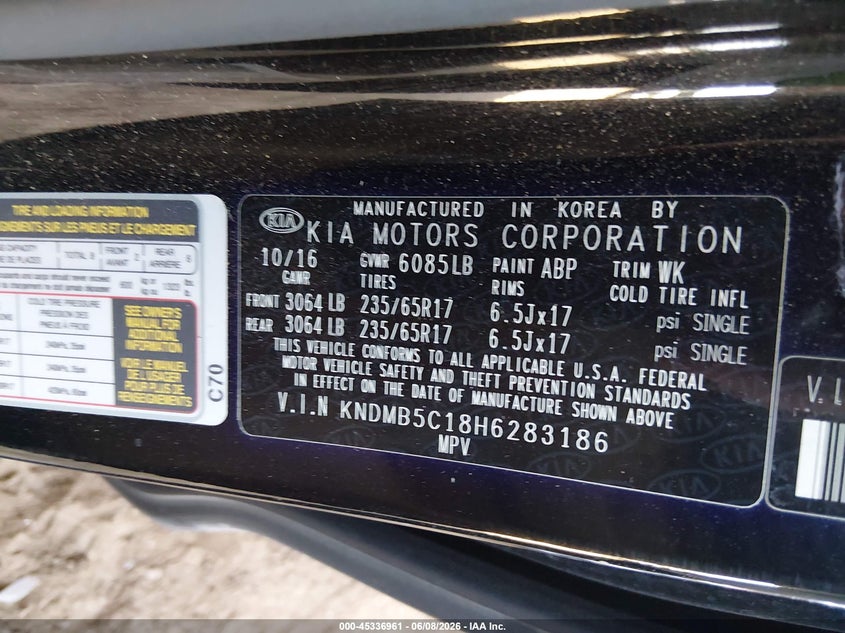 VIN KNDMB5C18H6283186 2017 KIA SEDONA LX