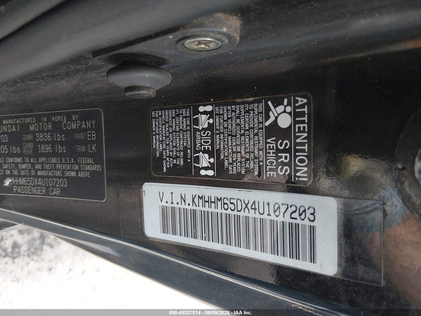 2004 Hyundai Tiburon VIN: KMHHM65DX4U107203 Lot: 45337014