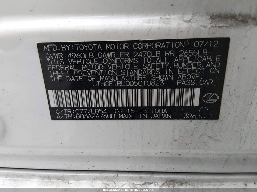 2013 Lexus Gs 350 VIN: JTHCE1BL0D5010823 Lot: 45337016
