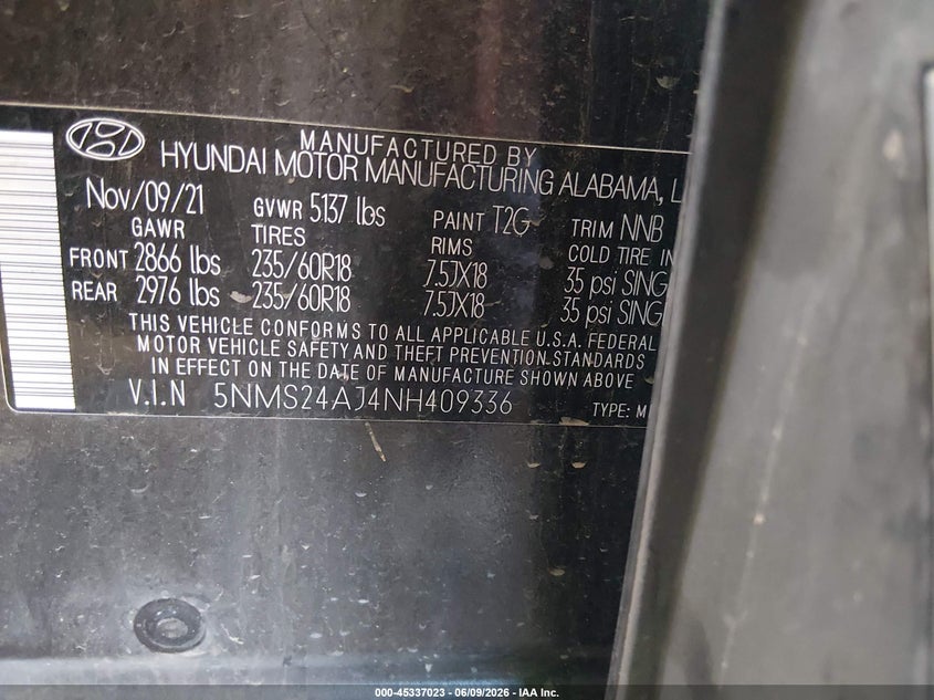 2022 HYUNDAI SANTA FE 2.5L I-4 DI, DOHC, V(VIN: 5NMS24AJ4NH409336