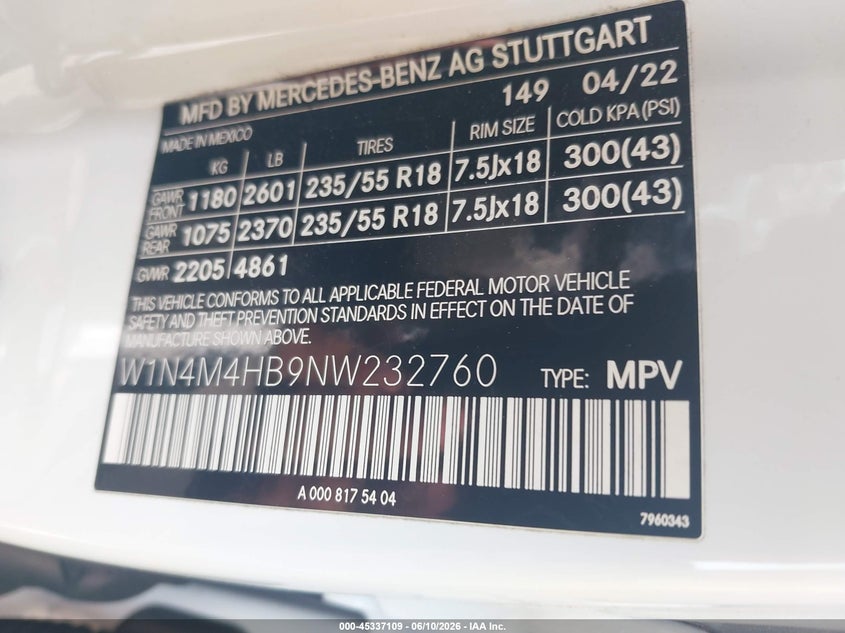2022 Mercedes-Benz Glb 250 4Matic VIN: W1N4M4HB9NW232760 Lot: 45337109