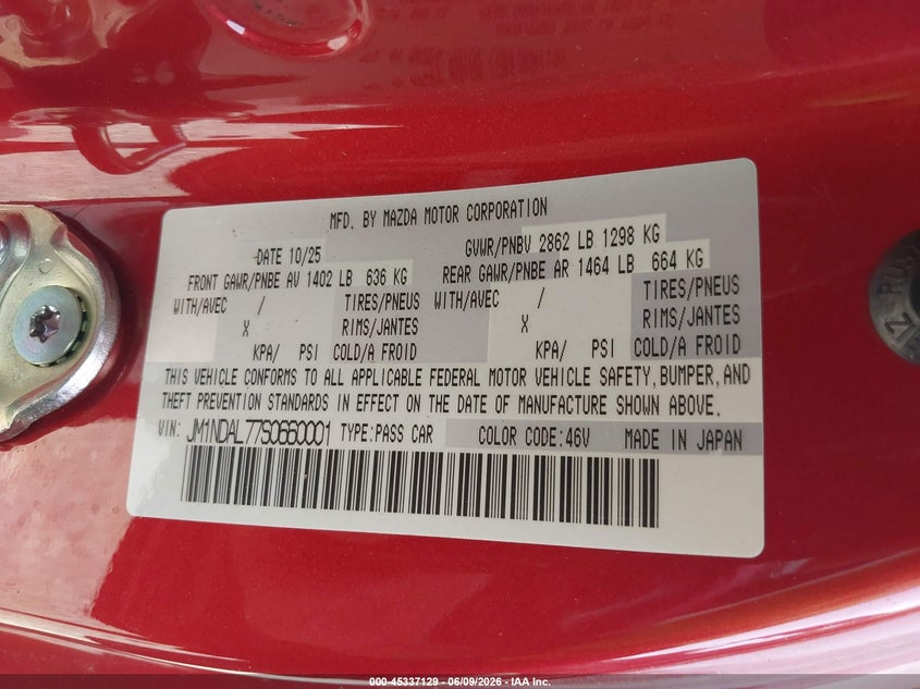 2025 Mazda Mx-5 Miata Rf Club VIN: JM1NDAL77S0660001 Lot: 45337129