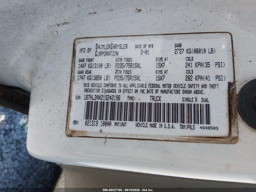 2001 Dodge Dakota Slt/Sport VIN: 1B7HL2AX21S242196 Lot: 45337188