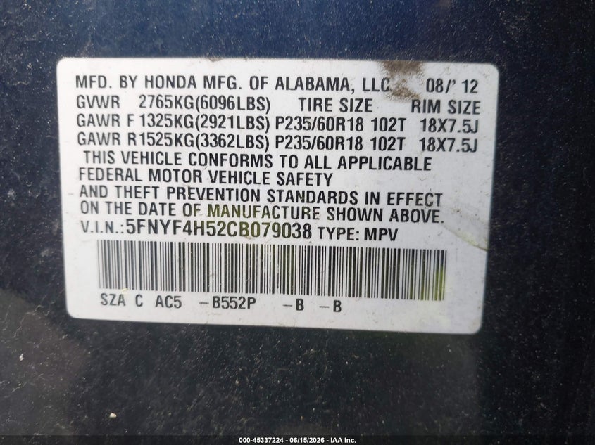 2012 Honda Pilot Ex-L VIN: 5FNYF4H52CB079038 Lot: 45337224