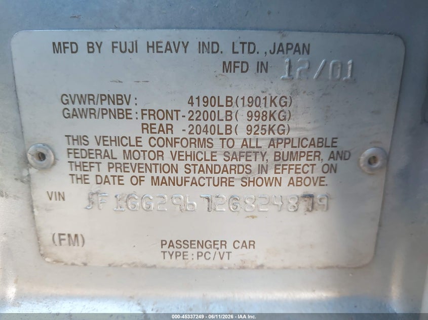 2002 Subaru Impreza Wrx VIN: JF1GG29672G824879 Lot: 45337249