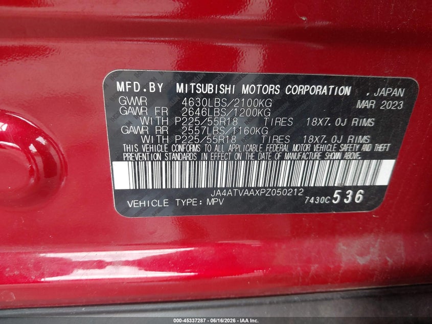 2023 Mitsubishi Eclipse Cross Le S-Awc VIN: JA4ATVAAXPZ050212 Lot: 45337287