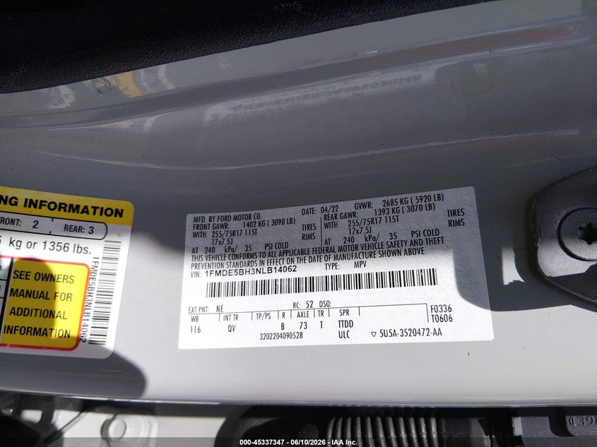 2022 Ford Bronco Big Bend VIN: 1FMDE5BH3NLB14062 Lot: 45337347
